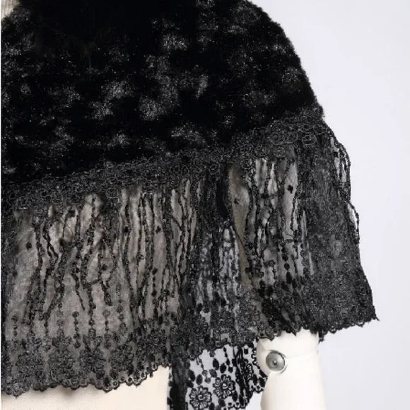 Gothic Lolita Steampunk Victorian Adorable Plush Fur & Lace Black Hooded Cape OS - Picture 3 of 11